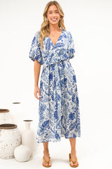 Obsidia Midi Dress - Asymmetric Cross Over Bodice A Line Dress with Short Puff Sleeves in Seychelle Print