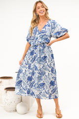 Obsidia Midi Dress - Asymmetric Cross Over Bodice A Line Dress with Short Puff Sleeves in Seychelle Print