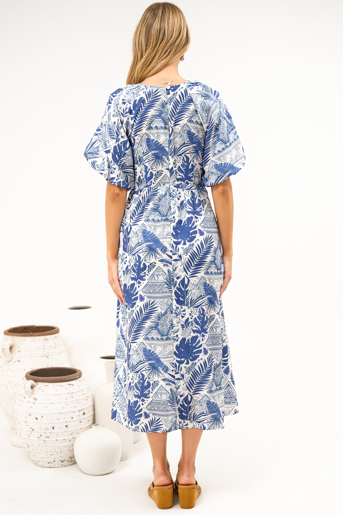 Obsidia Midi Dress - Asymmetric Cross Over Bodice A Line Dress with Short Puff Sleeves in Seychelle Print