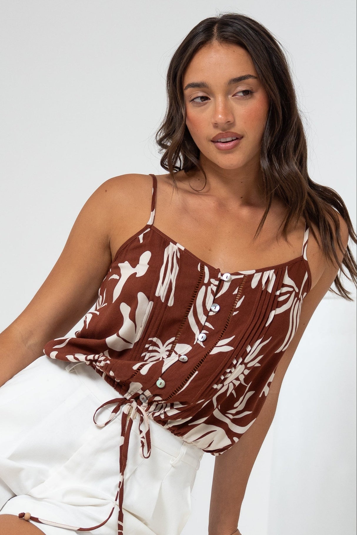Jade Crop Top - V-Neck Button Down Pull Tie Waist Crop in Stassie Print Brown
