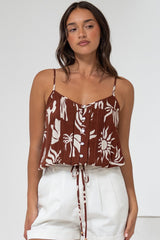 Jade Crop Top - V-Neck Button Down Pull Tie Waist Crop in Stassie Print Brown