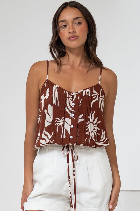 Jade Crop Top - V-Neck Button Down Pull Tie Waist Crop in Stassie Print Brown