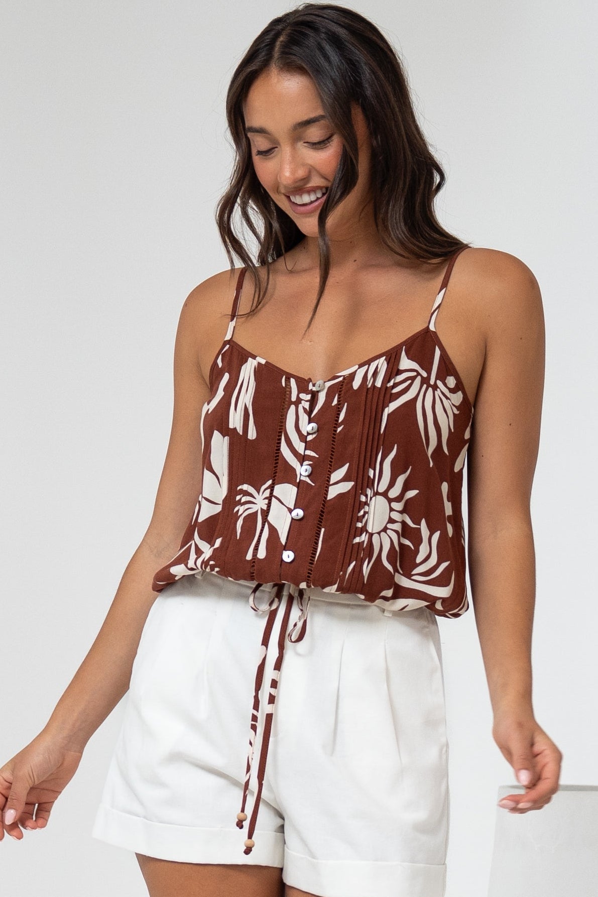 Jade Crop Top - V-Neck Button Down Pull Tie Waist Crop in Stassie Print Brown
