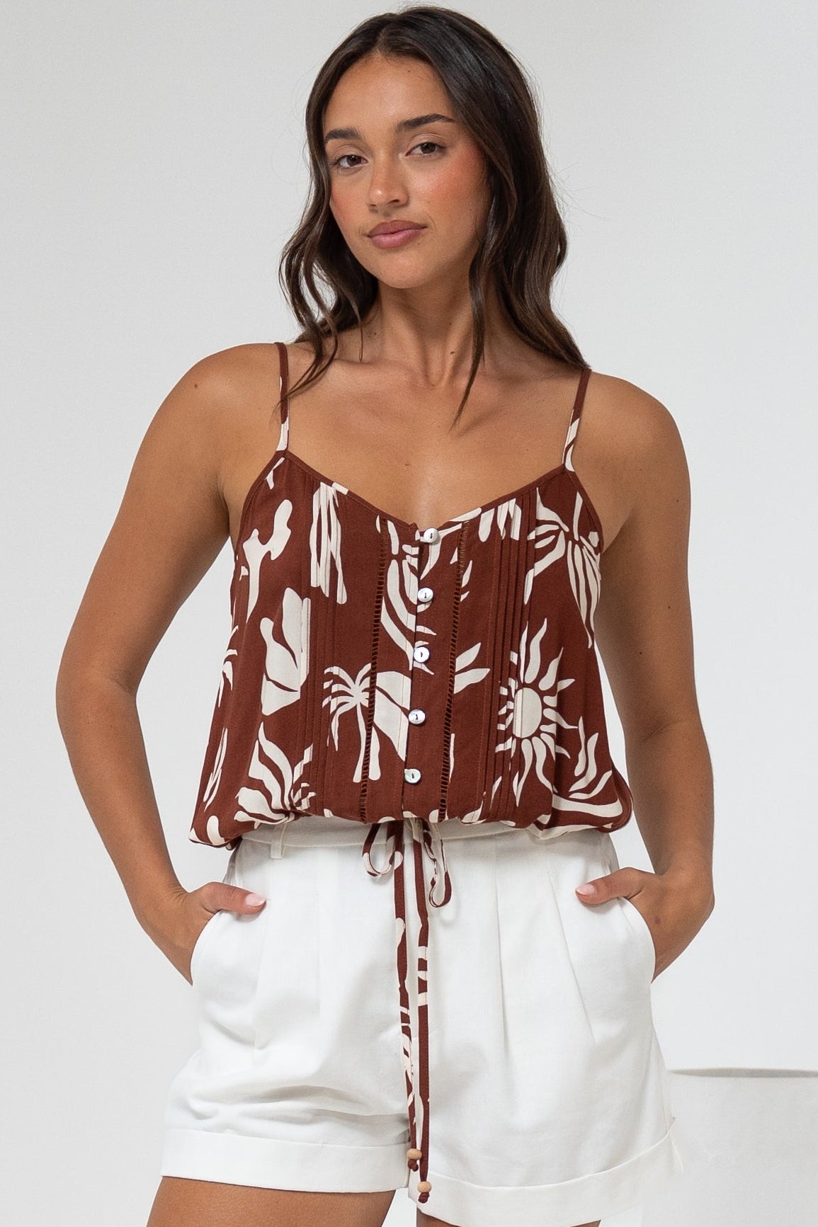 Jade Crop Top - V-Neck Button Down Pull Tie Waist Crop in Stassie Print Brown