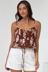 Jade Crop Top - V-Neck Button Down Pull Tie Waist Crop in Stassie Print Brown