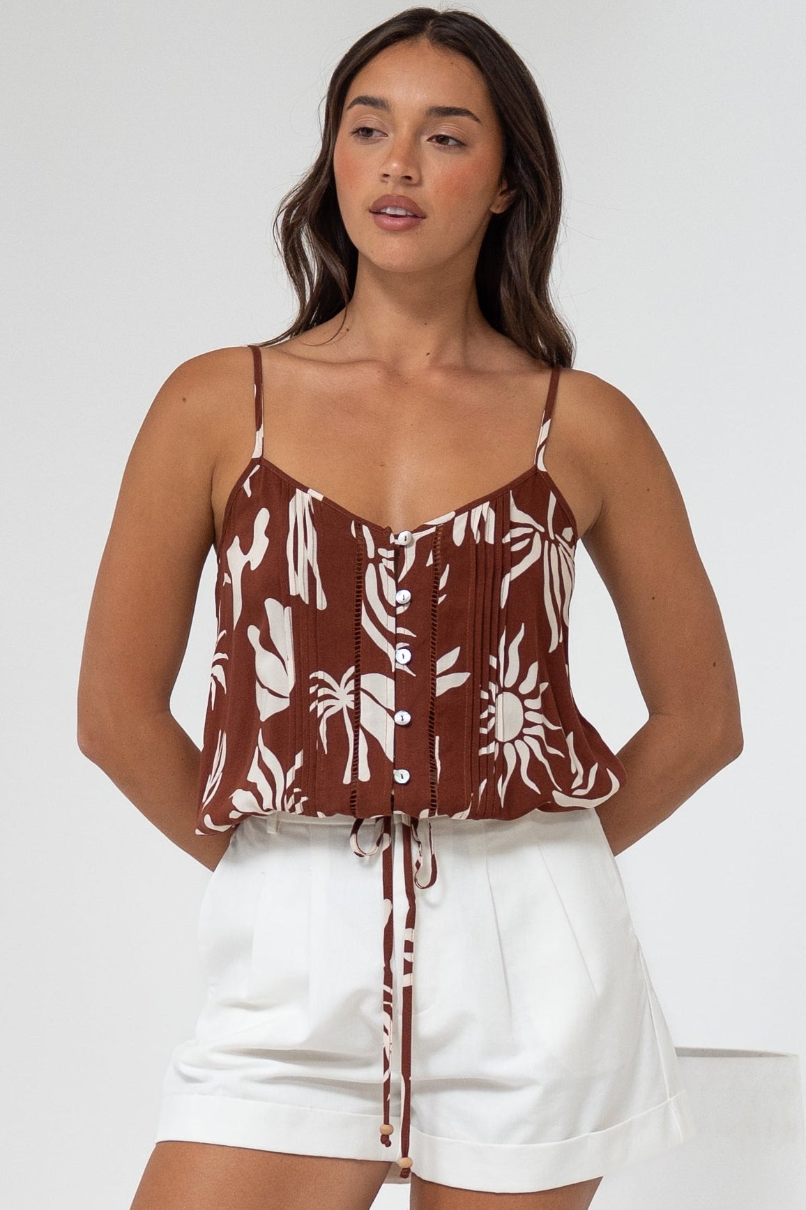 Jade Crop Top - V-Neck Button Down Pull Tie Waist Crop in Stassie Print Brown