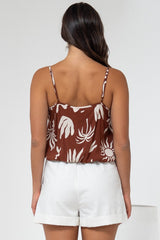 Jade Crop Top - V-Neck Button Down Pull Tie Waist Crop in Stassie Print Brown