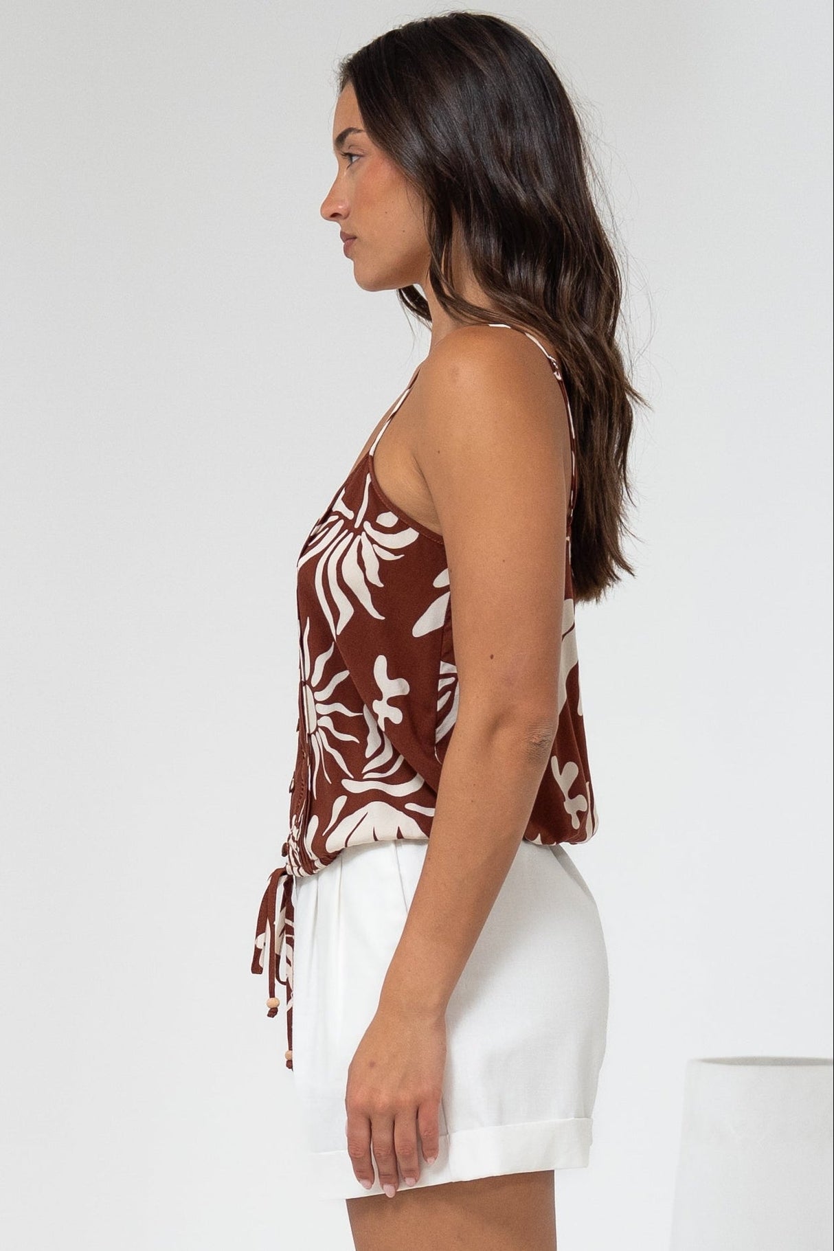 Jade Crop Top - V-Neck Button Down Pull Tie Waist Crop in Stassie Print Brown