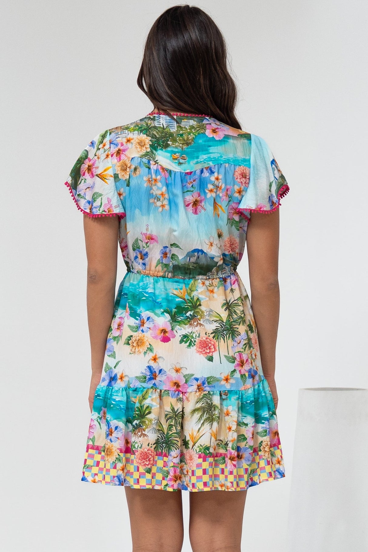Loisa Mini Dress - Crochet Trim V Neck Dress with Cap Sleeves in Della Print