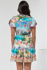 Loisa Mini Dress - Crochet Trim V Neck Dress with Cap Sleeves in Della Print