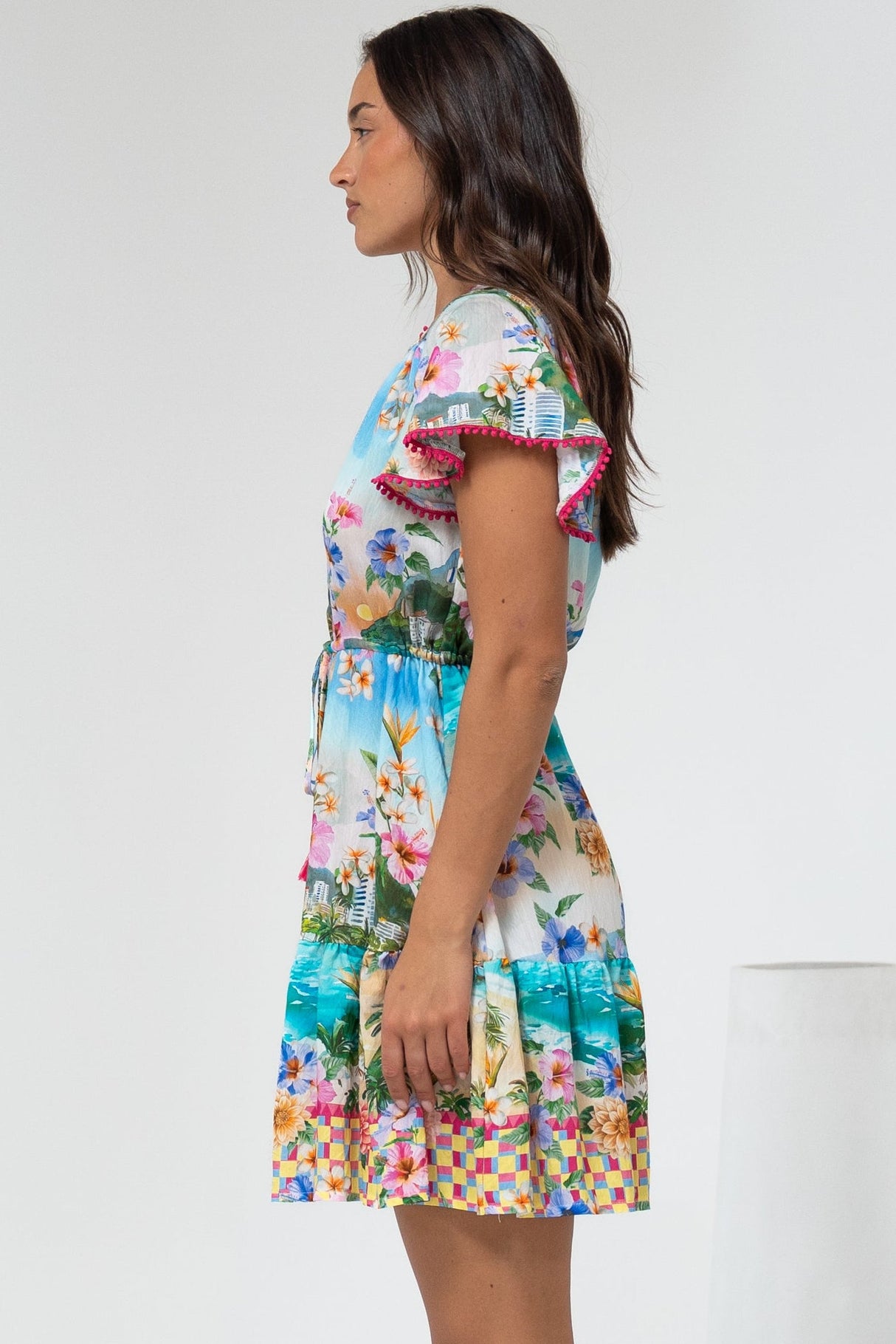 Loisa Mini Dress - Crochet Trim V Neck Dress with Cap Sleeves in Della Print