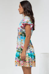 Loisa Mini Dress - Crochet Trim V Neck Dress with Cap Sleeves in Della Print
