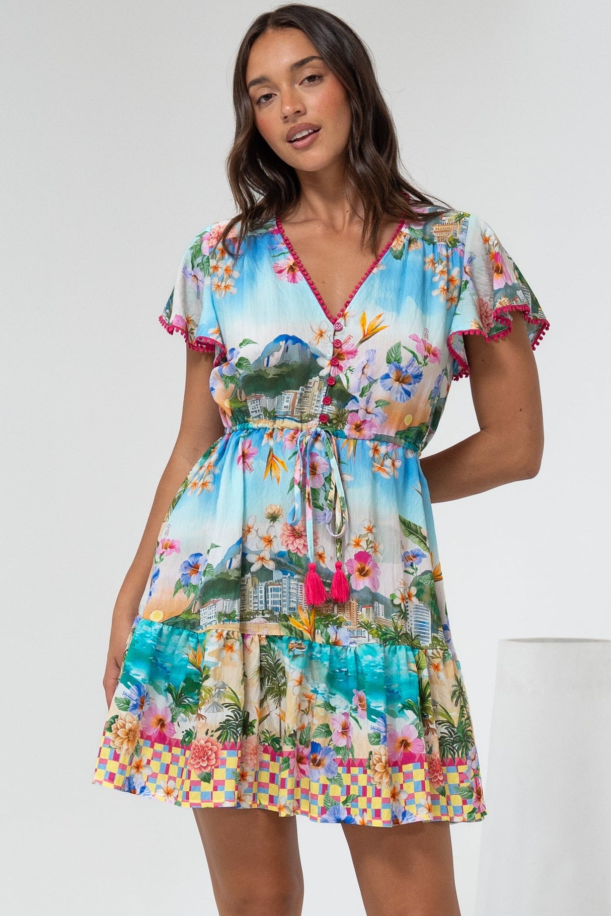Loisa Mini Dress - Crochet Trim V Neck Dress with Cap Sleeves in Della Print