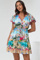 Loisa Mini Dress - Crochet Trim V Neck Dress with Cap Sleeves in Della Print