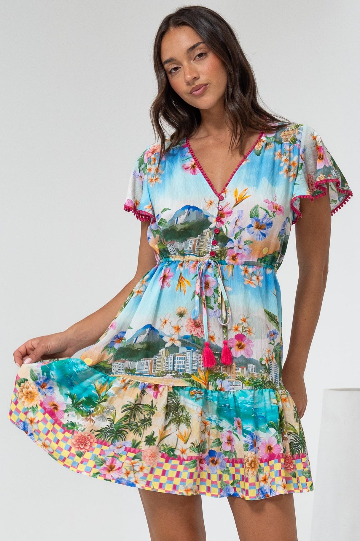 Loisa Mini Dress - Crochet Trim V Neck Dress with Cap Sleeves in Della Print