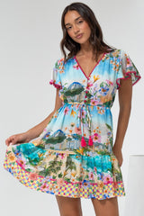Loisa Mini Dress - Crochet Trim V Neck Dress with Cap Sleeves in Della Print