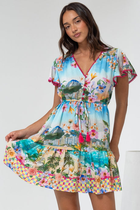 Loisa Mini Dress - Crochet Trim V Neck Dress with Cap Sleeves in Della Print