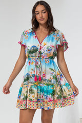 Loisa Mini Dress - Crochet Trim V Neck Dress with Cap Sleeves in Della Print