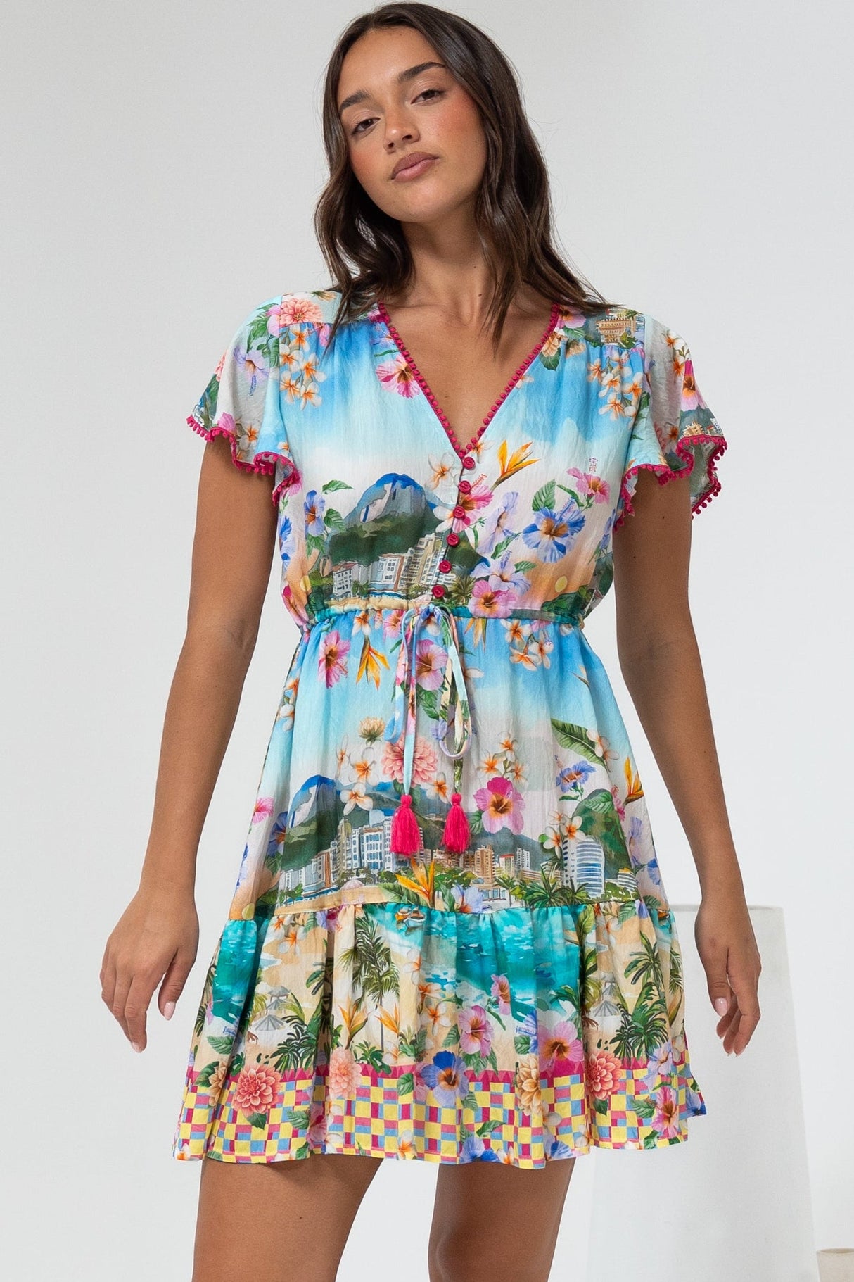 Loisa Mini Dress - Crochet Trim V Neck Dress with Cap Sleeves in Della Print