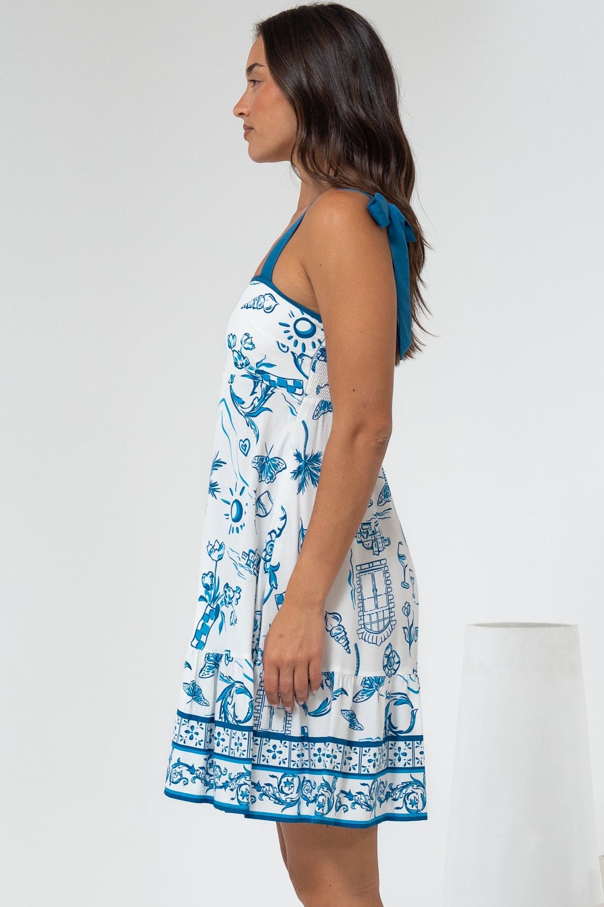 Himari Mini Dress - Tie Up Strap Tiered Sun Dress with Contrast Neckline Trim in Kiri Print