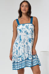 Himari Mini Dress - Tie Up Strap Tiered Sun Dress with Contrast Neckline Trim in Kiri Print