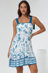 Himari Mini Dress - Tie Up Strap Tiered Sun Dress with Contrast Neckline Trim in Kiri Print