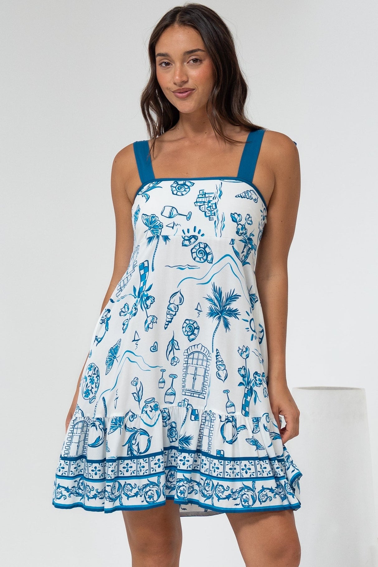 Himari Mini Dress - Tie Up Strap Tiered Sun Dress with Contrast Neckline Trim in Kiri Print