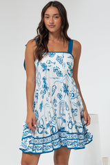 Himari Mini Dress - Tie Up Strap Tiered Sun Dress with Contrast Neckline Trim in Kiri Print