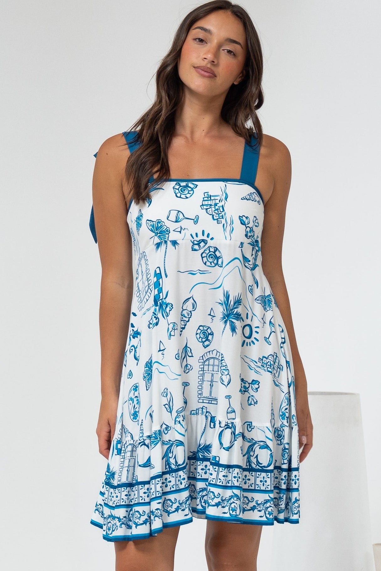 Himari Mini Dress - Tie Up Strap Tiered Sun Dress with Contrast Neckline Trim in Kiri Print