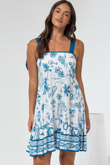 Himari Mini Dress - Tie Up Strap Tiered Sun Dress with Contrast Neckline Trim in Kiri Print