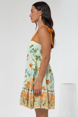 Himari Mini Dress - Tie Up Strap Tiered Sun Dress with Contrast Neckline Trim in Noriko Print