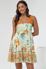Himari Mini Dress - Tie Up Strap Tiered Sun Dress with Contrast Neckline Trim in Noriko Print