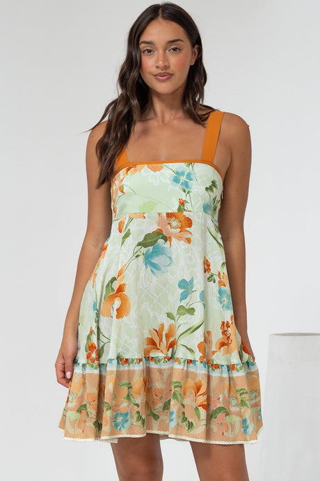 Himari Mini Dress - Tie Up Strap Tiered Sun Dress with Contrast Neckline Trim in Noriko Print