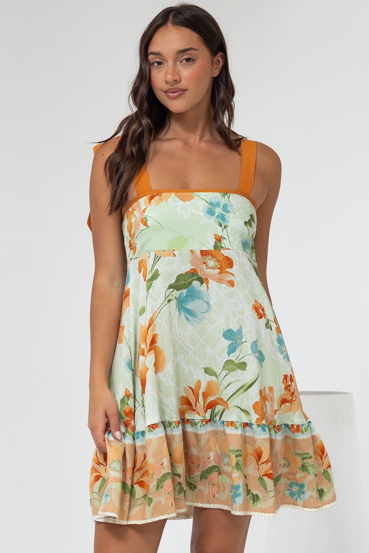 Himari Mini Dress - Tie Up Strap Tiered Sun Dress with Contrast Neckline Trim in Noriko Print