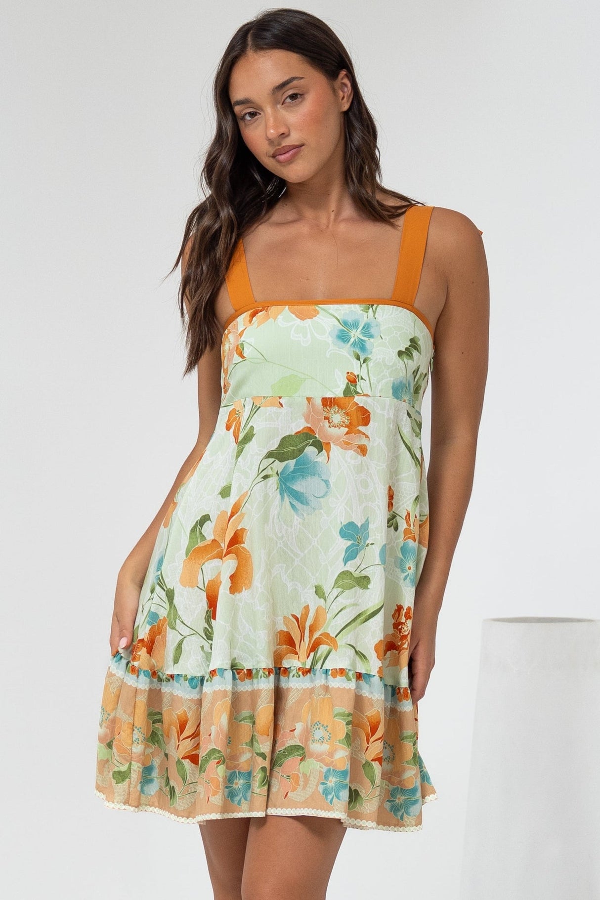 Himari Mini Dress - Tie Up Strap Tiered Sun Dress with Contrast Neckline Trim in Noriko Print