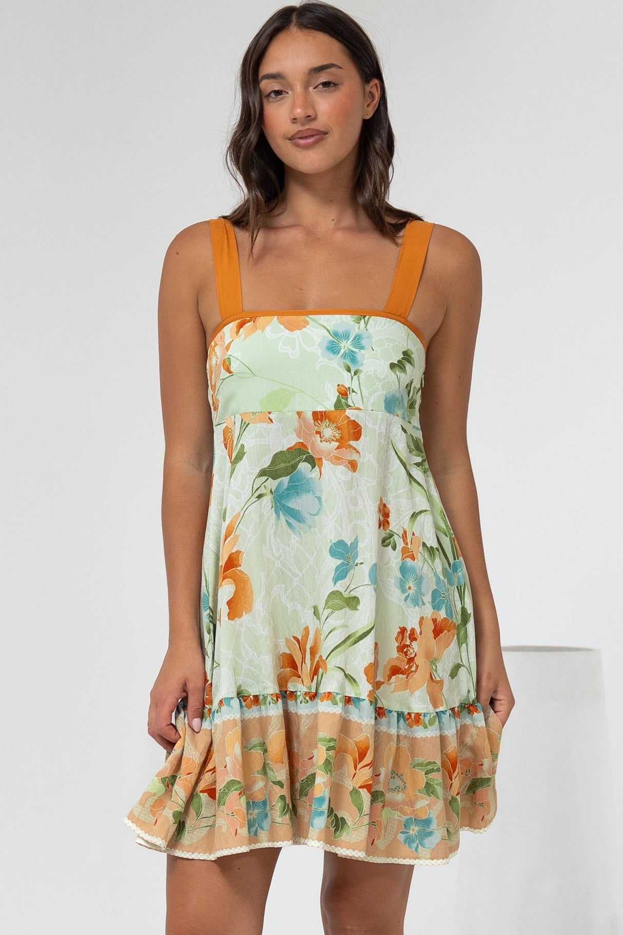 Himari Mini Dress - Tie Up Strap Tiered Sun Dress with Contrast Neckline Trim in Noriko Print