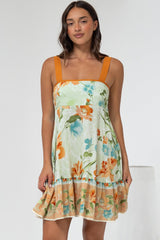 Himari Mini Dress - Tie Up Strap Tiered Sun Dress with Contrast Neckline Trim in Noriko Print