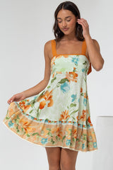 Himari Mini Dress - Tie Up Strap Tiered Sun Dress with Contrast Neckline Trim in Noriko Print