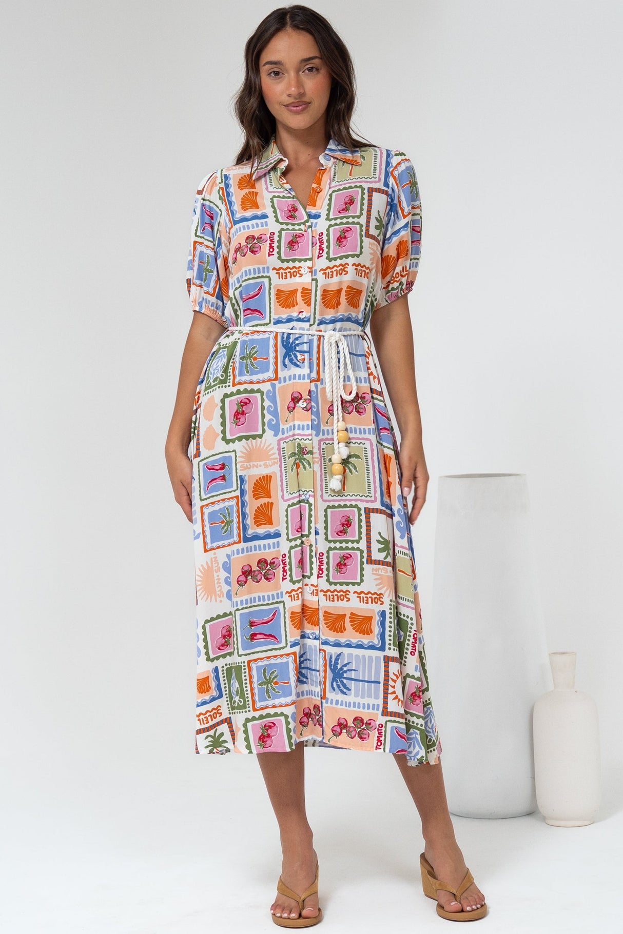 Bennie Midi Dress - Collared Short Sleeve Shirt Dress with Rope Belt in Elly Print