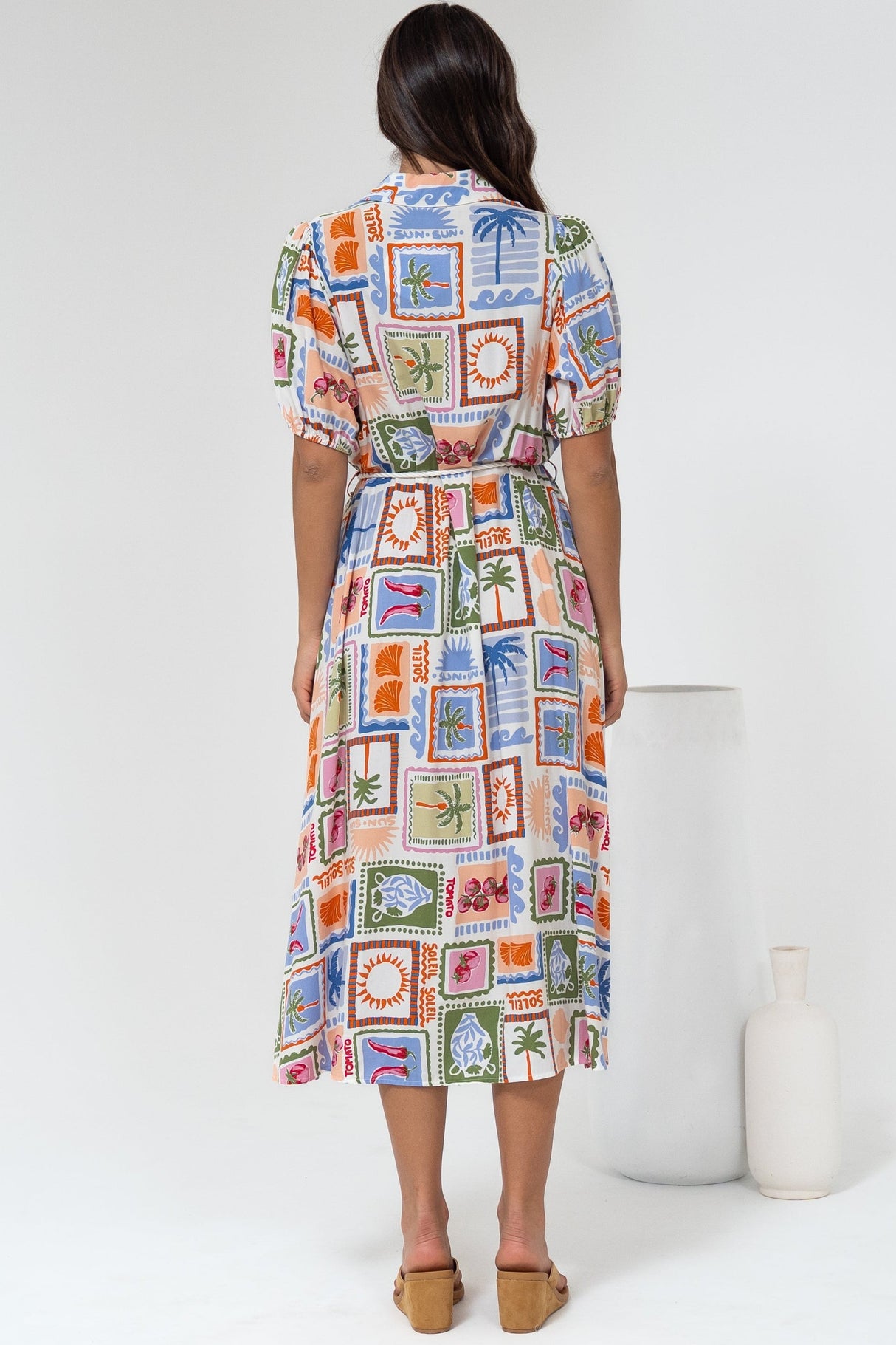 Bennie Midi Dress - Collared Short Sleeve Shirt Dress with Rope Belt in Elly Print