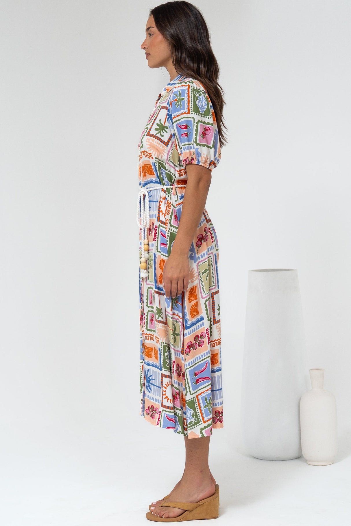 Bennie Midi Dress - Collared Short Sleeve Shirt Dress with Rope Belt in Elly Print