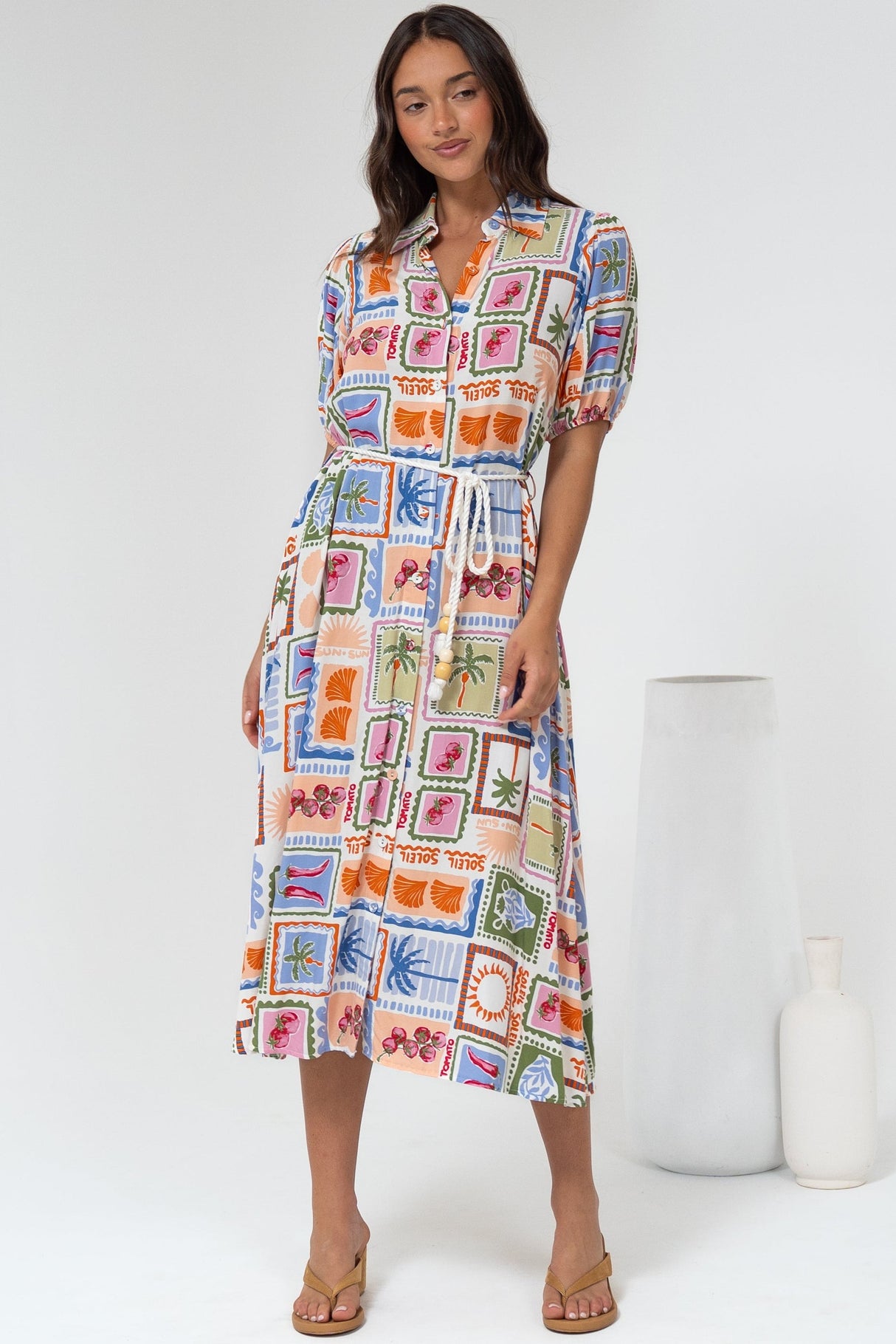 Bennie Midi Dress - Collared Short Sleeve Shirt Dress with Rope Belt in Elly Print