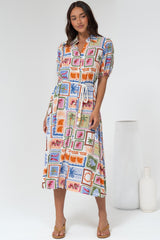Bennie Midi Dress - Collared Short Sleeve Shirt Dress with Rope Belt in Elly Print