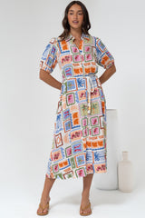 Bennie Midi Dress - Collared Short Sleeve Shirt Dress with Rope Belt in Elly Print