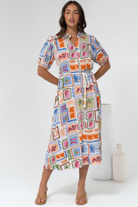 Bennie Midi Dress - Collared Short Sleeve Shirt Dress with Rope Belt in Elly Print