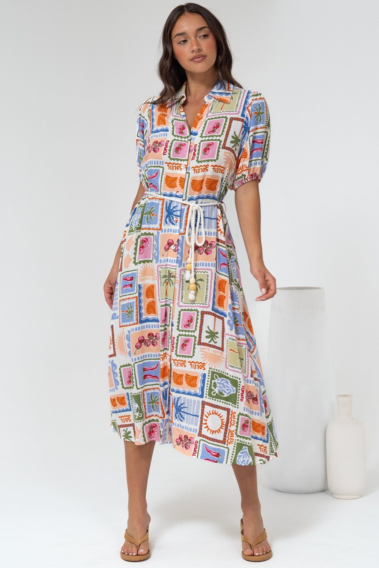 Bennie Midi Dress - Collared Short Sleeve Shirt Dress with Rope Belt in Elly Print