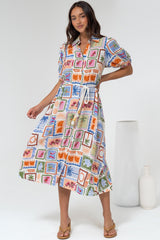 Bennie Midi Dress - Collared Short Sleeve Shirt Dress with Rope Belt in Elly Print