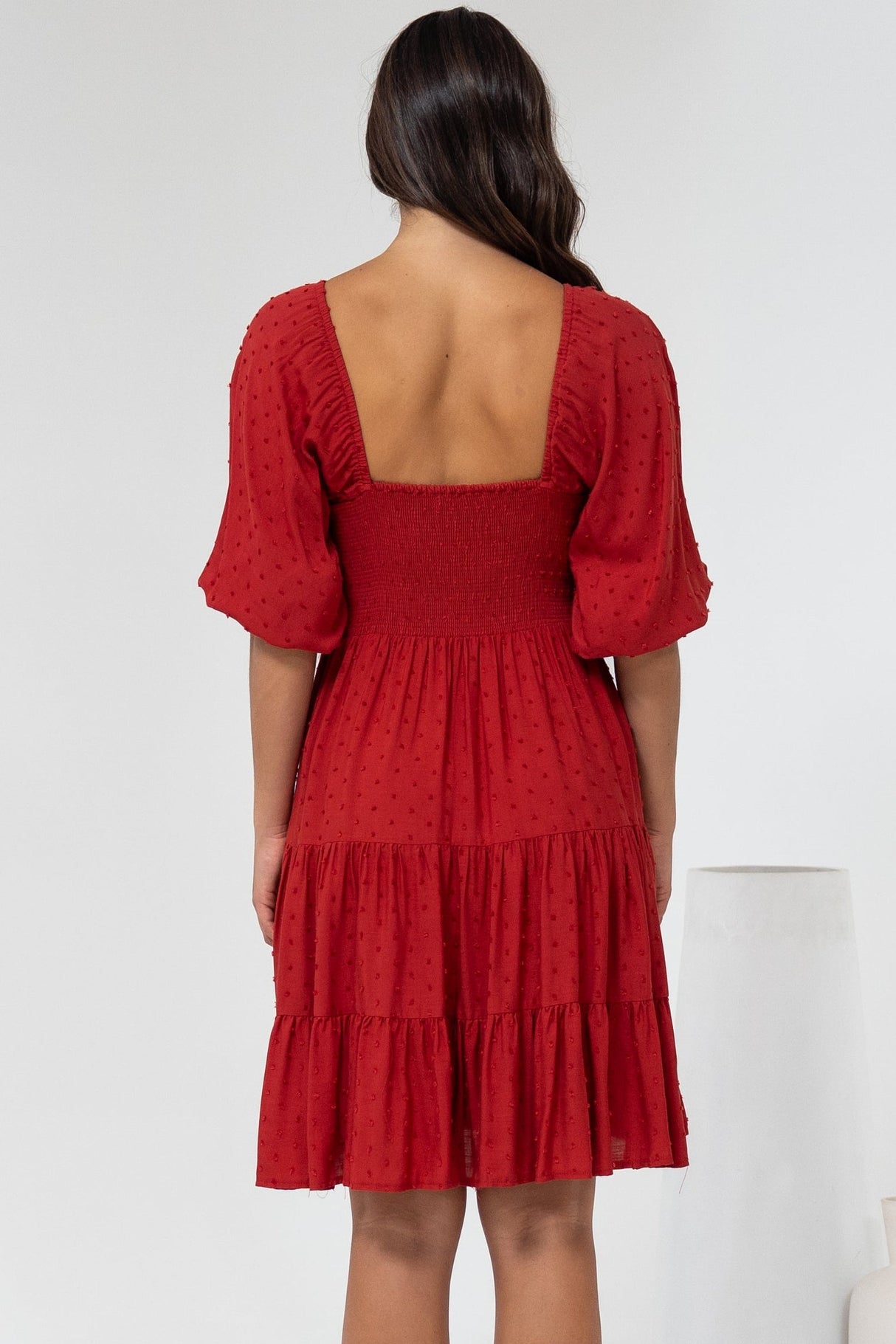 Parkley Mini Dress - On or Off Shoulder Textured Tiered Dress in Rust