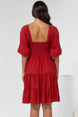 Parkley Mini Dress - On or Off Shoulder Textured Tiered Dress in Rust
