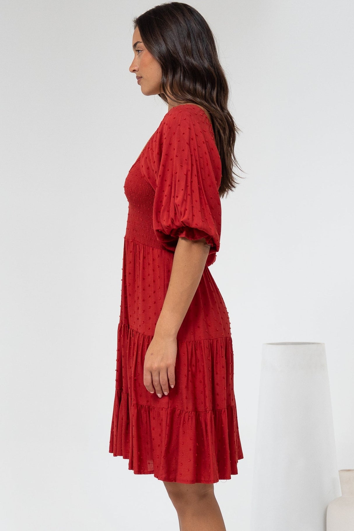 Parkley Mini Dress - On or Off Shoulder Textured Tiered Dress in Rust